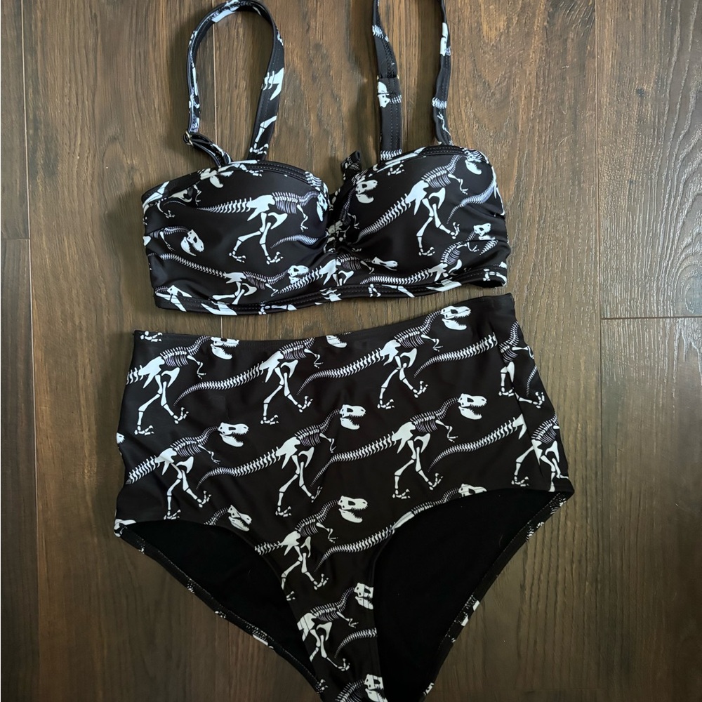 Modcloth Monochrome Dinosaur Print Swimwear